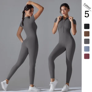 Yoga Set Women's Jumpsuits One-Piece Suit Zipper Short Sleeve Gym Push Up - Picture 1 of 51