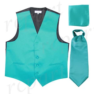 New Men's Vesuvio Napoli Tuxedo Vest Ascot Cravat Hankie set prom party Teal - Picture 1 of 7