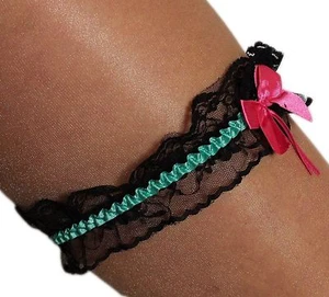 Cute Bridal Wedding Lace Garter with Satin Bow Green Turquoise - Picture 1 of 2