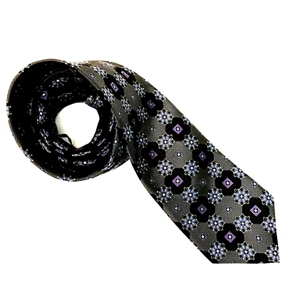 JZ Richards черный серый фиолетовый синий ручной работы геометрический цветочный шелковый галстук США - Изображение 1 из 4