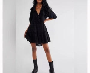Free People Damen SP Lora schwarz Häkelbesatz Boho Country Western Kleid - Bild 1 von 13