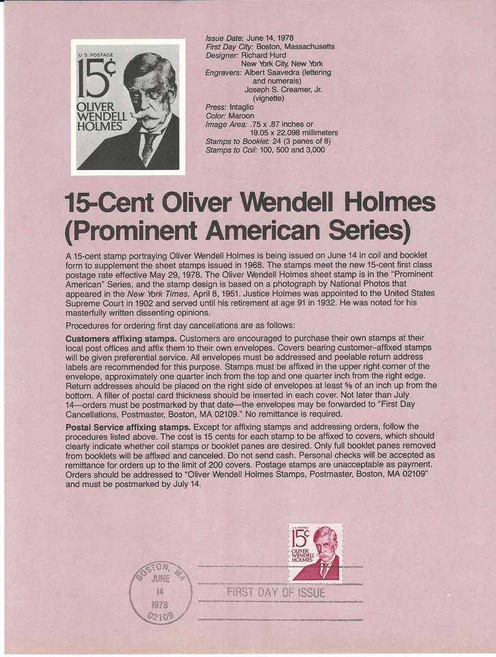 Oliver Wendell Holmes...15 Cent...First Day Of Issue (1978) - Image 1 of 1