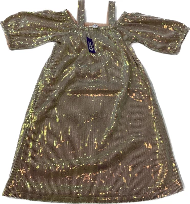 Vestido Azúcar Y Jade Niñas Talla 10 M Dorado Rosa Hombro Frío Forrado Lentejuelas Foto 1 de 4