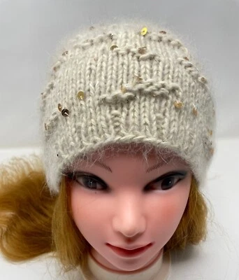 Женщин бежевый шляпа ручной вязки Angora Beanie теплый берет блестки шляпа - Изображение 1 из 4