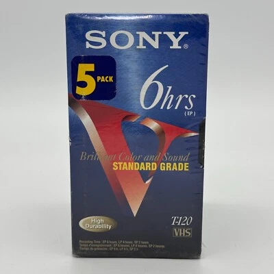 Винтажная пустая лента Sony VHS T-120 5 упаковок высокая прочность стандартный класс запечатанная - Изображение 1 из 4
