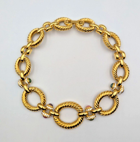 Collana vintage Givenchy lino ovale strass vetro cabochon tono oro rara