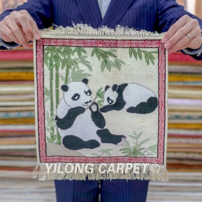 1'x1' Panda Tapestry Handwoven Silk Area Rug Valuable Indoor Carpet 020H - Image 1 of 4