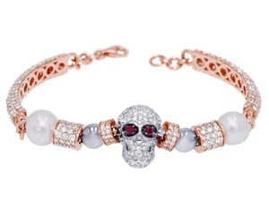 Unisex Skull Real Diamond Pearl Bracelet 6 1/5 CT 10K Rose Gold 7.5" - Picture 1 of 5