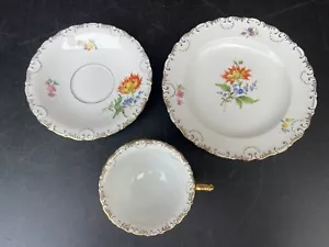 BEAUTIFUL VTG MEISSEN HAND PAINTED W/ FLOWERS WITH GOLD RIM CUP AND SAUCER 3 PCS - Picture 1 of 14