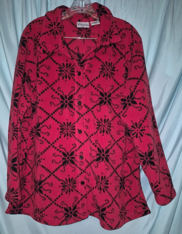 Basic Editions Red Geometric Collared Button Up LS Fleece Jacket Women's Size 1X - Image 1 of 4