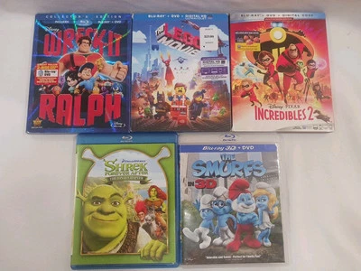 Kids Movies (Blu-ray Lot of 5) Wreck It Ralph Incredibles 2 Lego Shrek Smurfs 3D - Image 1 of 4
