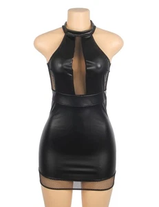 Black Wet Look Faux Leather Mesh Middle fishnet trim Mini Dress Size 10 RRP £20 - Picture 1 of 5