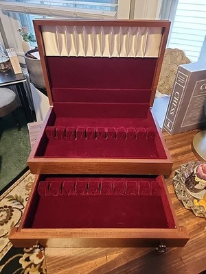 Mid-Century Wooden Silverware Chest, Anti-Tarnish Flatware Box with Drawer - Image 1 of 4