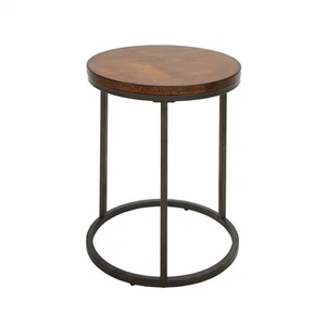 24" Black And Wood Brown Wood And Iron Round End Table - Picture 1 of 5