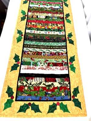 Handmade Quilted Table Runner Chirstmas Holiday 16 x 36" Holly Poinsettia - Image 1 of 4