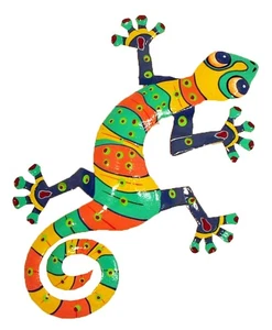 Hand Crafted Tropical Gecko Wall Decor Haitian Metal Striped Lime Orange Yellow - Picture 1 of 1