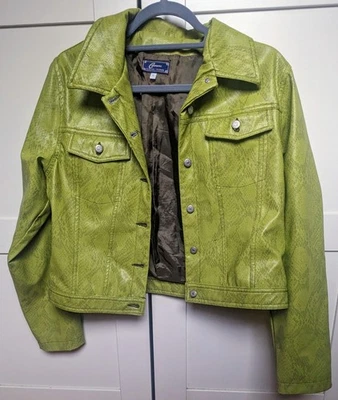 Chartreuse Vintage-Jacke aus Kunstleder in Pythonoptik, Gr. L - Bild 1 von 4