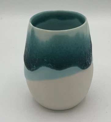 Vintage Small Studio Pottery Vase Turquoise And White Drip Glaze Retro 4" Signed - Image 1 of 4