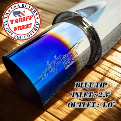 HKS HI-POWER UNIVERSAL SINGLE EXHAUST MUFFLER BLUE TIP Inlet" 2.5 Outlet 4.0" SS - Image 1 of 4