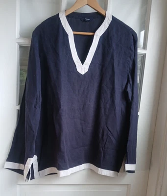 camisa manga longa náutica lands end linho GG azul marinho branca preppy - Imagem 1 de 4