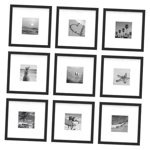 Picture Frames Set of 9, Displays 4x4 with Mat or Without Mat 8x8 Black - Picture 1 of 8