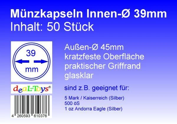 DEAL-TOYS® 50 Münzkapseln 39mm, geeignet für 5 Mark / Kaiserreich (Silber)