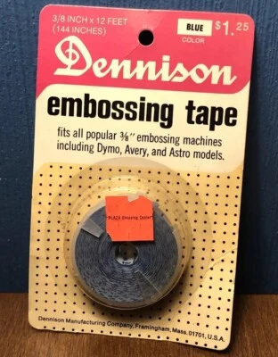 VINTAGE Dennison Embossing Tape Refill Replacement Roll - 12 Feet BLUE 3/8” NEW - Image 1 of 4
