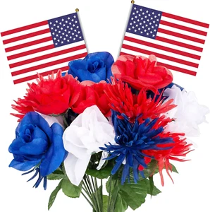 12 Stems Patriotic Memorial Bouquet Artificial Chrysanthemum and Roses - Picture 1 of 12