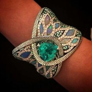 Women Bangle Bracelet 925 Sterling Silver CZ Multicolor Green Square  Jewelry