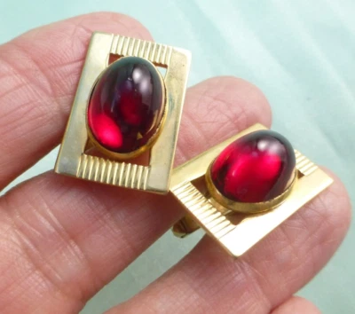 Gemelos cabujón de vidrio rojo vintage ANSON eslabones tono dorado Foto 1 de 4