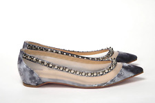 Christian Louboutin Gray Silver Logo Print Mesh Spiked Flats Shoes EU35 US5