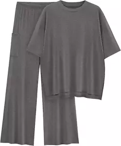 Womens 2 Piece Outfits 2025 Summer Casual Loose Short Sleeve Pullover Tops & Wid - Picture 1 of 12