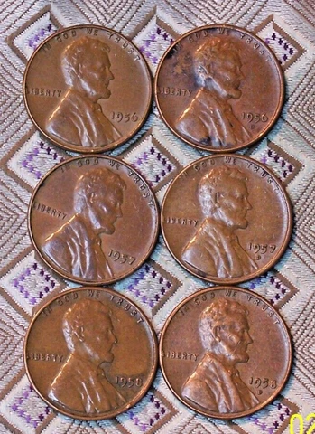 1956 P/D, 1957 P/D, 1958 P/D   Lincoln Wheat Cent's CIR. (6 COIN'S) (ITM#6177) Cover