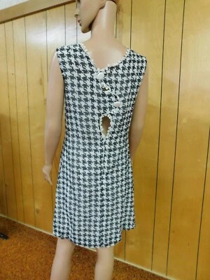 Vintage Black White Print Nylon over Cotton Dress w/ Unique Back Waist 33" - Image 1 of 4