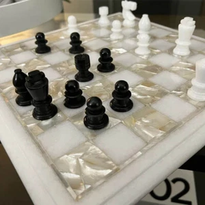 Hand Carved Marble Chess Set Vintage MOP Semiprecious Stone Unique Gift for Him - Picture 1 of 9