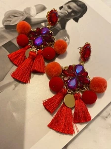 Latoir Fashion Red Gold Tassel Fringe Pom Pom Rhinestone Bead Statement Earrings - Picture 1 of 2