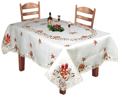 Holiday Christmas Embroidered Poinsettia Bell Tablecloth & Napkins White 6625W  - Image 1 of 4