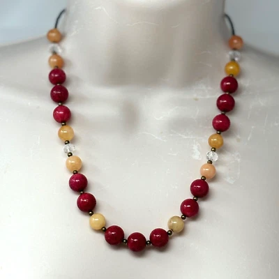 Collar Hecho a Mano Cuentas Esponja Roja Coral Naranja Ágata y Vidrio Transparente Bronce Foto 1 de 4