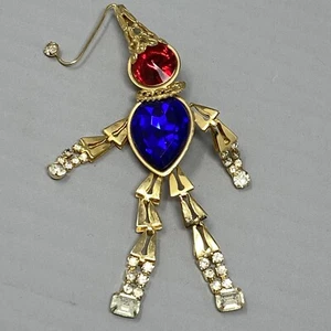 Articulated Clown Brooch Jester Gold Tone Blue Red Prong Set Rhinestones Large - Picture 1 of 9