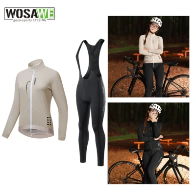 WOSAWE Women's Warm Fleece Cycling Suit Multi-Pocket Jacket Black Bib Leggings - Image 1 of 4