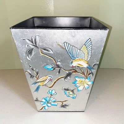 Vintage Silver Foil Waste Basket Birds Flowers - Image 1 of 4