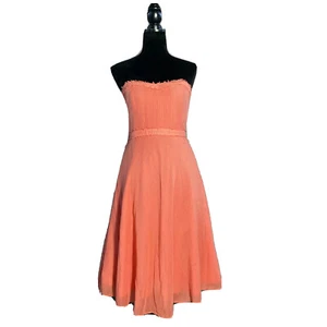 J Crew Dress 6 Silk Cotton Strapless Peach Orange Pleat Front A Line Midi Party  - Picture 1 of 7