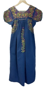 Handmade Mexican Patio Dress Heavily embroidered Blue Colorful Size S/M - Picture 1 of 10