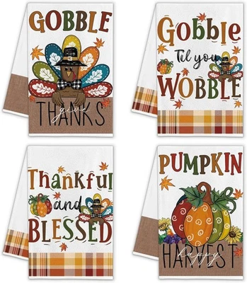 Thanksgiving Turkey Kitchen Towels Set of 4, Thanksgiving Kitchen Decor Dish Tea - Image 1 of 4