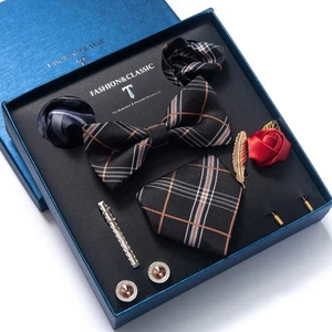 Plaid Bow Tie,Necktie,Tie Clip,Hanky,Brooch,Corsage,Cufflinks 6pc Set with Box - Picture 1 of 3