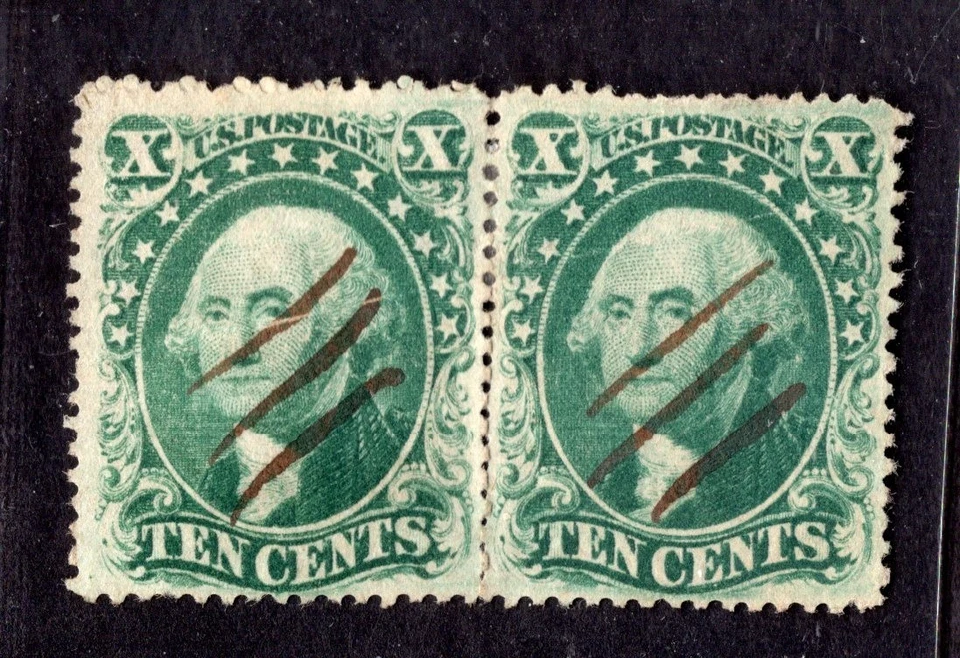 US 1857 TEN CENTS WASHINGTON PAIR SCOTT #33 TYPE III NEATLY CENTERED - Image 1 of 2