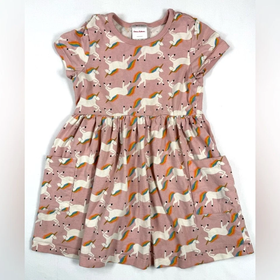 HANNA ANDERSSON Girls Unicorn on Pink Print Dress 4 Whimsical Rainbow Playwear - Image 1 of 4
