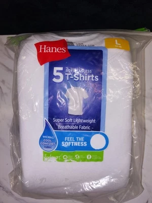 Hanes Boys 5 Pack White Tagless Short Sleeve T-Shirts Sz L 14-16 Undershirts  - Image 1 of 4