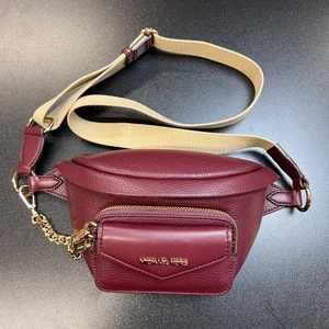 Michael Kors Pebbled Leather Belt Bag Crossbody Fanny Pack Burgundy Gold - Picture 1 of 8