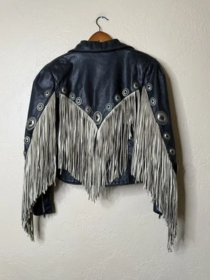 Chaqueta Boho Cuero Gitano Vintage Años 70 Motocicleta Motociclista Flecos EE. UU. Garra Talla 14 Foto 1 de 4